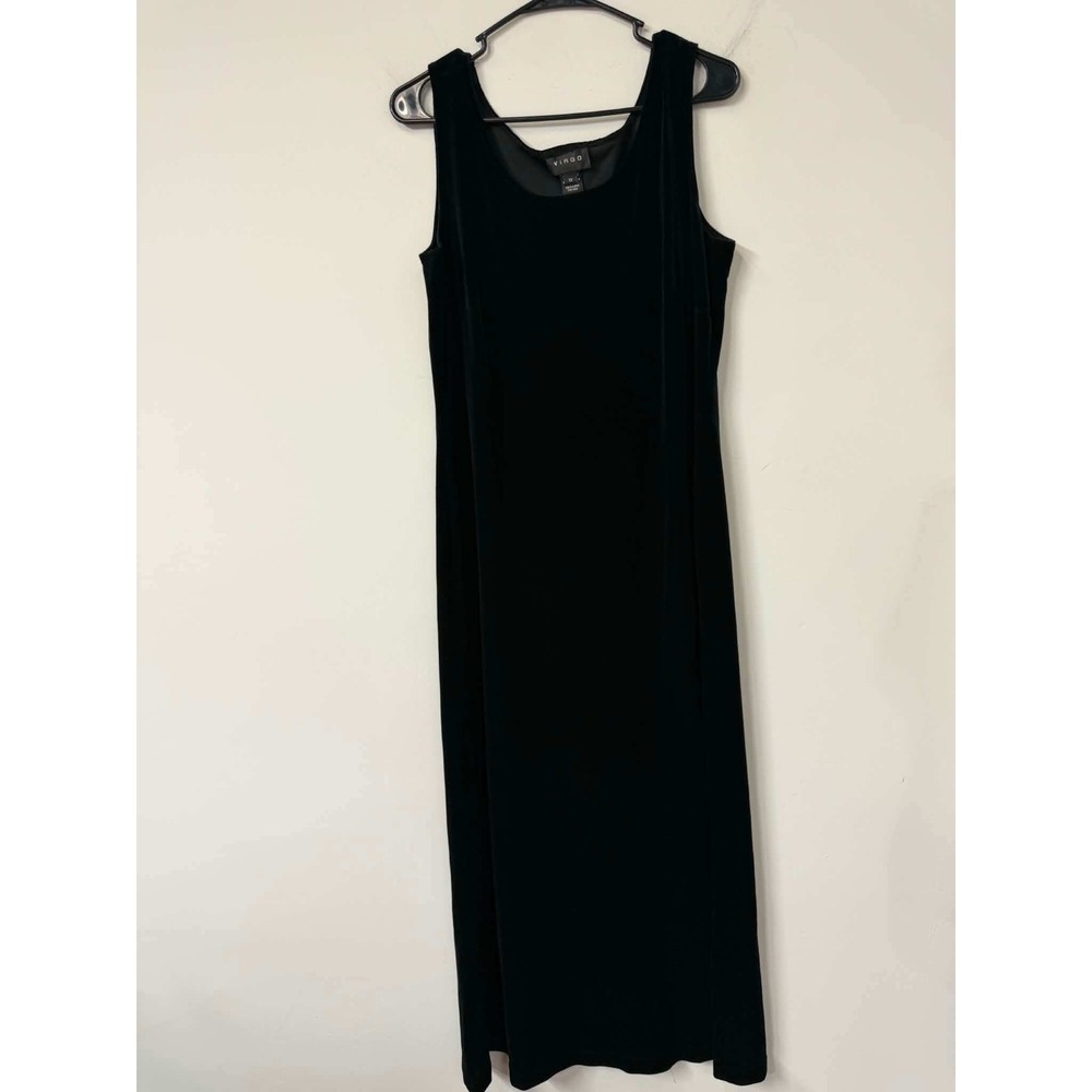 Vtg 90s Virgo  Women's 12 Black Velvet Sleeveless Maxi Dress Gown Stretch